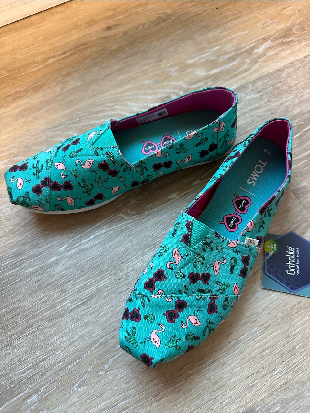 Toms Teal Canvas Slip-Ons with Pink Flamingo & Dark Berry Accents - Picture 2 of 3